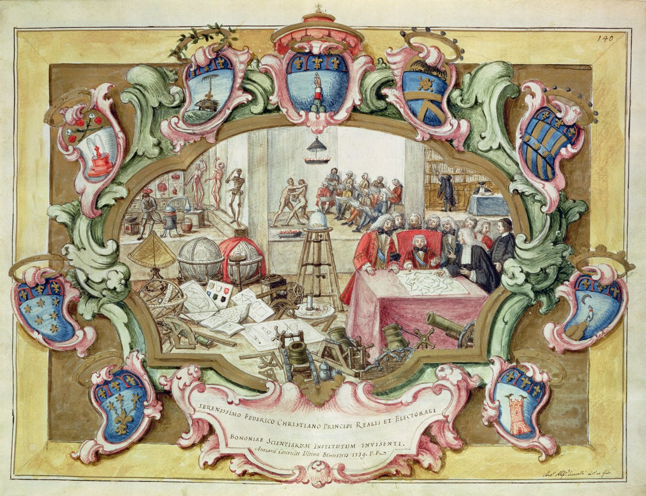 Prins Frederik Christian af Polen på besøg på Institut for Videnskab, Bologna i 1739 (akvarel på papir) af Italian School