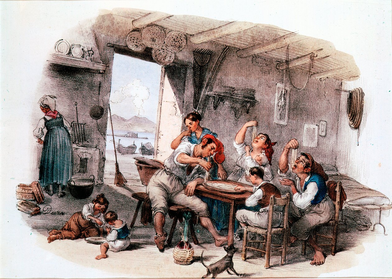 Sandsynligvis den napolitanske familie, der spiser makaroni med anonym gravering af hænderne i det 19. århundrede. Rom National Museum of Food Pasters, Agnesi Foundation af Italian School