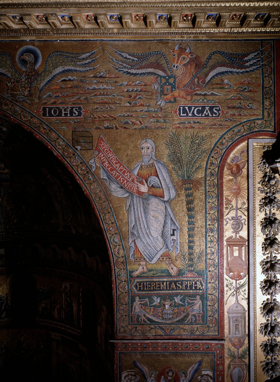Profeten Jeremias og symboler på evangelisterne Johannes og Lukas Anonym Mosaik fra det 12. århundredes Rom, Kirken Santa Maria i Trastevere Italien af Italian School
