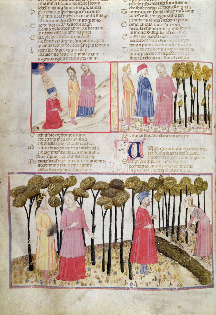 Purg.XXVIII f.47v Virgil tager afsked og den guddommelige skov, fra Den guddommelige komedie af Dante Alighieri (1265-1321) af Italian School