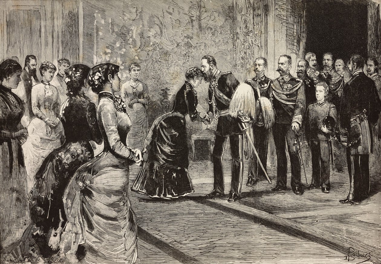 Dronning Margherita og Umberto I modtager kronprins af Tyskland (fremtidig Frederik III) i Quirinale, Rom, Italien, gravering fra tegning af Dante Paolocci, fra L