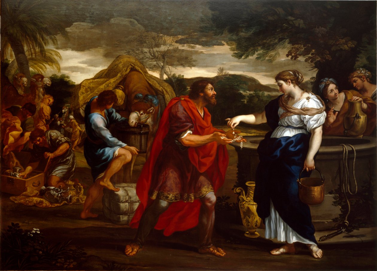 Rebecca ved brønden Maleri af skolen i Cortone (1600-tallet) Genes, Chiesa di San Bartolomeo i Vallecalda af Italian School