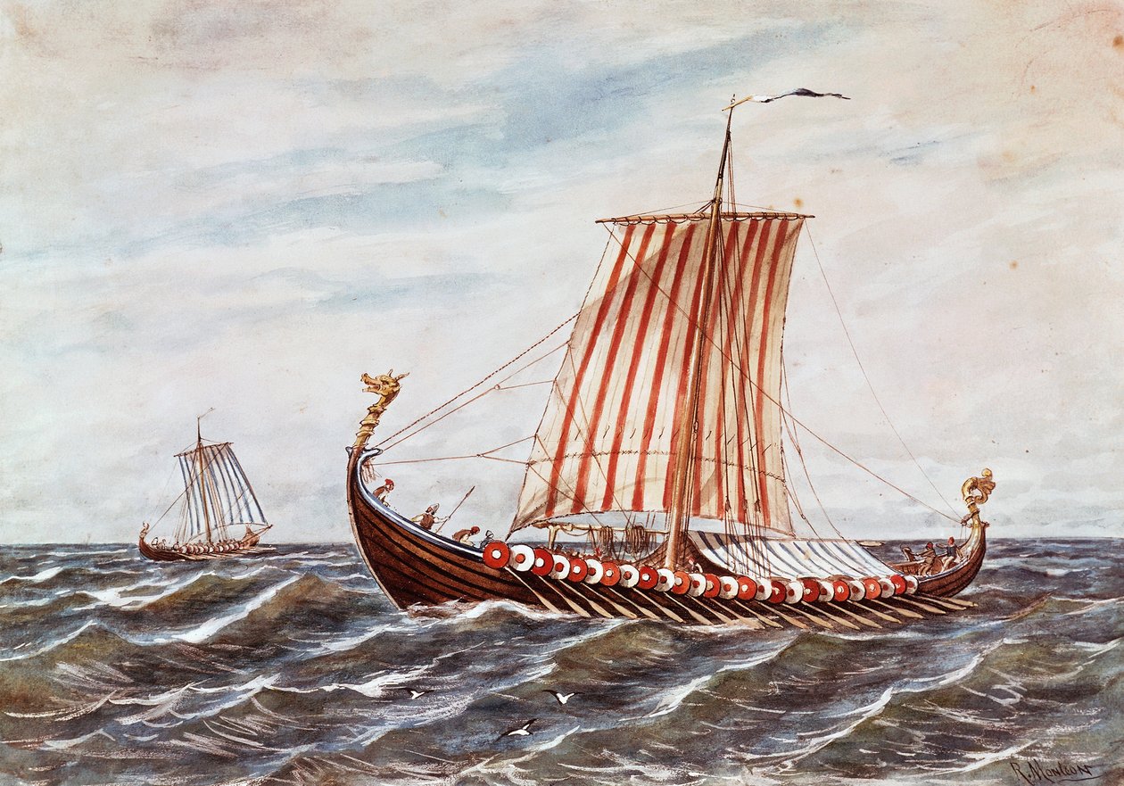 Rekonstruktion af vikingebåde fra det 10. århundrede (farve litho) af Italian School