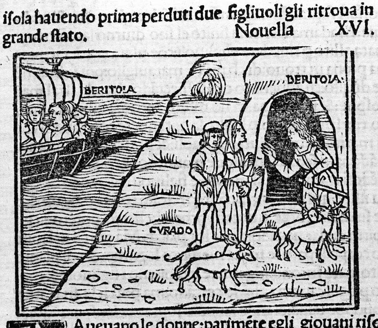 Reet de Beritola. Illustration til nyhederne 16 (ny 6 af den anden dag) af "Decameron" "af Giovanni Boccaccio dit Jean Boccaccio (1313-1375), italiensk forfatter. Gravering i "" Decamerone ouer Cento nouelle "" Venedig, Bartolomeo de 