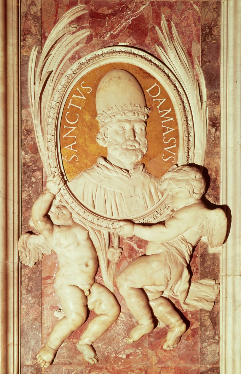 Relief af Damasus I (ca. 304-84) på en skibspilaster (marmor) af Italian School
