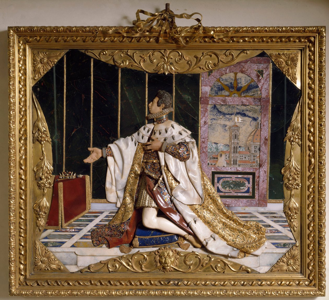 Repræsentation af Cosimo II de Medicis (1590-1621) (Cosimo II de Medici), storhertug af Toscana (Cosimo II af Medici, storhertug af Toscana) Højrelief af udskårne sten, guld og brillant (højrelief) 1617-1624 Firenze , Museo degli Argenti, kat 486 af Italian School