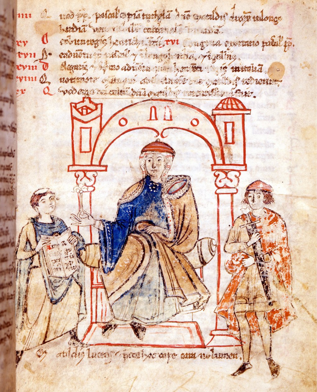 Repræsentation af grevinde Mathilde af Canossa (eller grevinde Mathilde af Toscana) (1046 - 1115). "Vitas mathildis" af Donizone. 1200-tals håndskrift, Lucca, Bibl. Governativa. af Italian School