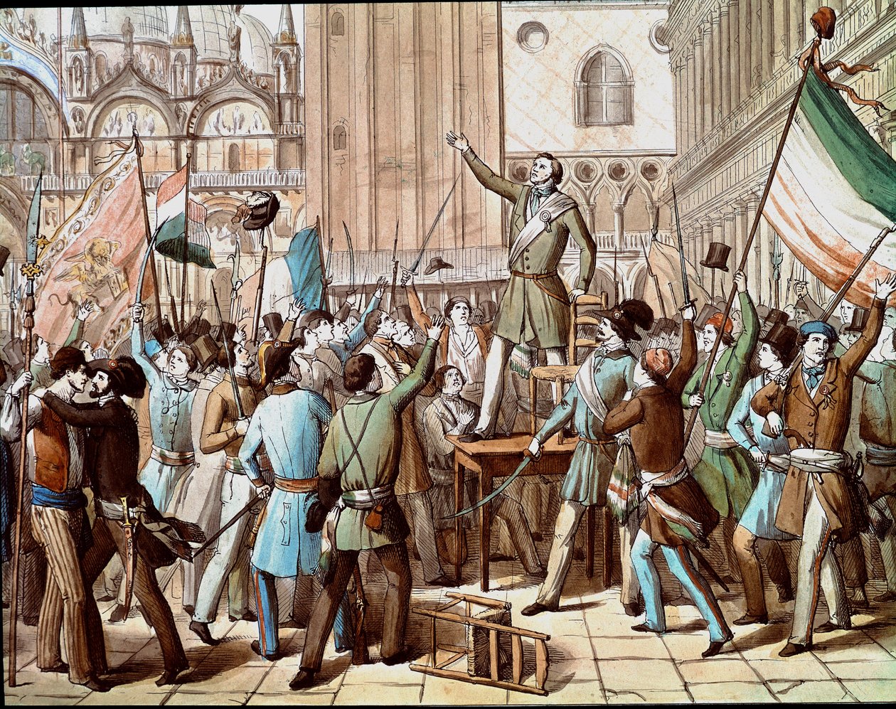 Repræsentation af Daniele Manin (1808-1857), politiker, der ledede revolutionen i Venedig mod den østrigske tilstedeværelse i 1848: proklamationen af den venetianske republik i marts 1848. (Proklamation af den venetianske republik i marts 1848, med en repr af Italian School