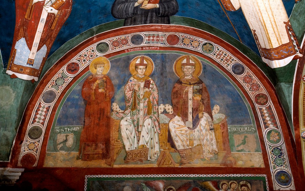 Repræsentation af Saint Stephen, kristen martyr, Saint Thomas Becket (1118-1170), ærkebiskop af Canterbury og Saint Nicholas af Myra eller Bari (270-345) Anonym fresco (13. århundrede) Nedre kirke. Klosteret Saint Benedetto (Sacro Speco), Subiaco (Rom af Italian School