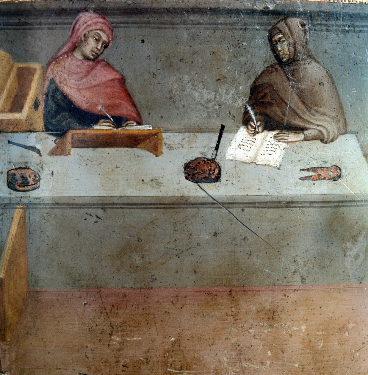 Repræsentation af en kamerlingvist, assistent for en afskriver Anonymt maleri på træ af en Biccherna (omslag af regnskabsregisteret for byen Siena) 1388. Siena Archivio di Stato, Italien af Italian School