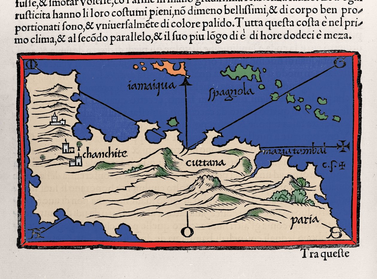 Repræsentation af de caribiske øer og Venezuelas kyster. Isolario (kort over øer) af Benedetto Bordone. Venedig 1547 af Italian School