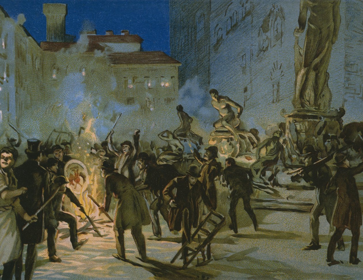 Revolution in Florence, 27. april 1859, illustration fra et album om Risorgimentos historie lavet til chokoladen Talmone, slutningen af det 19. århundrede af Italian School