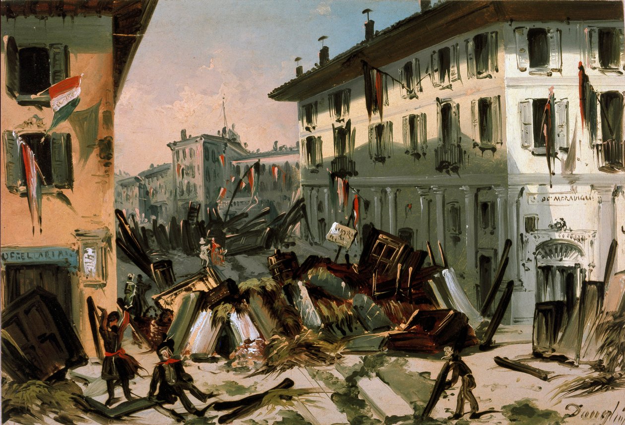 Revolutioner i 1848, Fem dage i Milano: barrikader på corso de porta Vercellina den 22. marts (maleri af Italian School