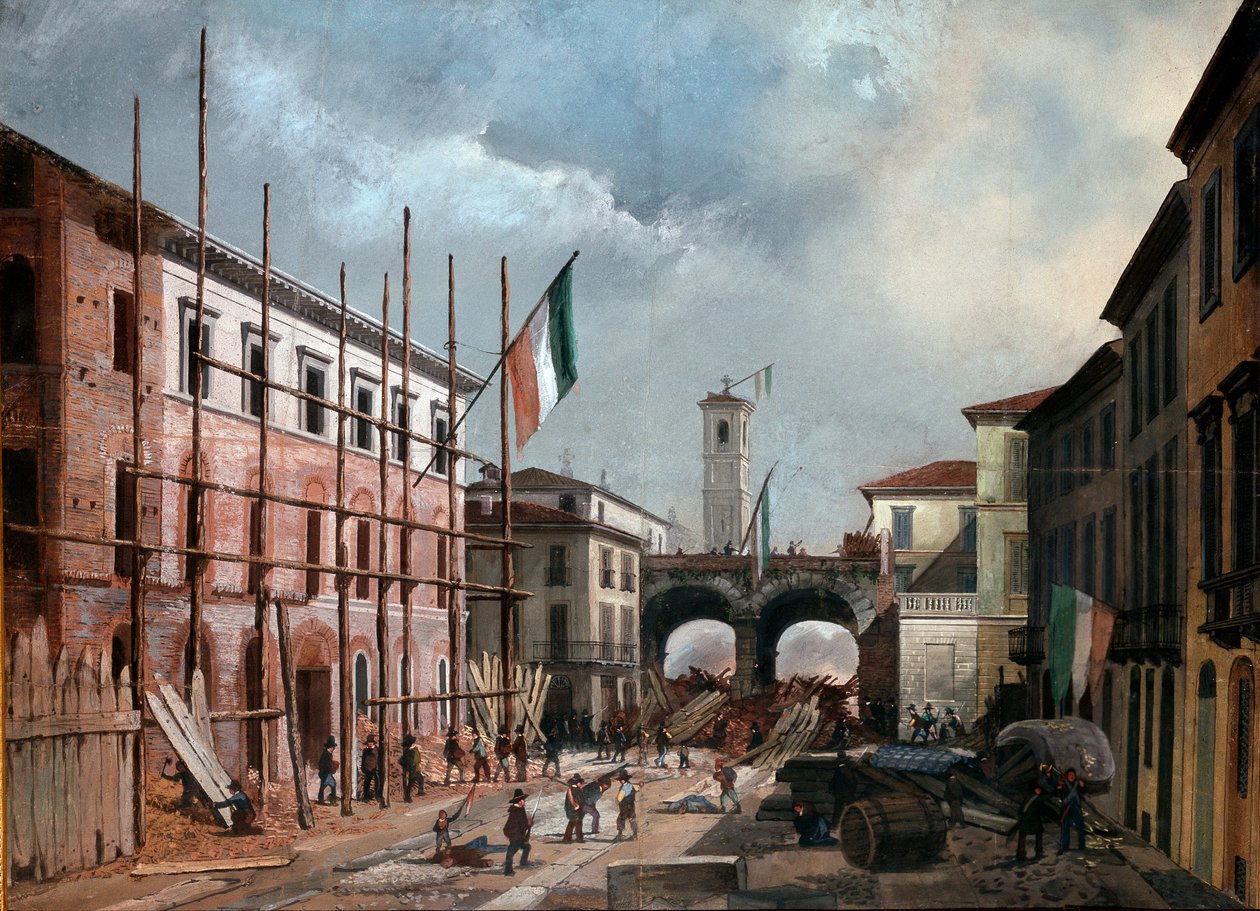 Revolutioner i 1848, Fem dage i Milano: forsvar af Porta Nuovas bue den 19. marts (maleri af Italian School
