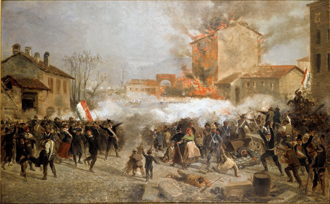 Revolutioner i 1848, Fem dage i Milano: oprørere overtager porta Tosa den 22. marts (maleri af Italian School