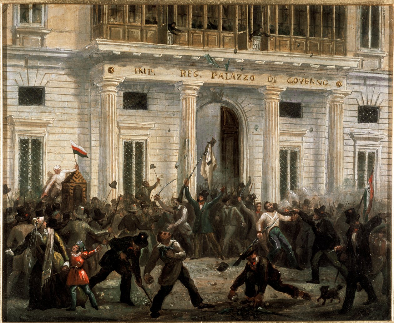 Revolutioner i 1848, fem dage i Milano: oprørere overtager regeringens palads den 18. marts (maleri af Italian School
