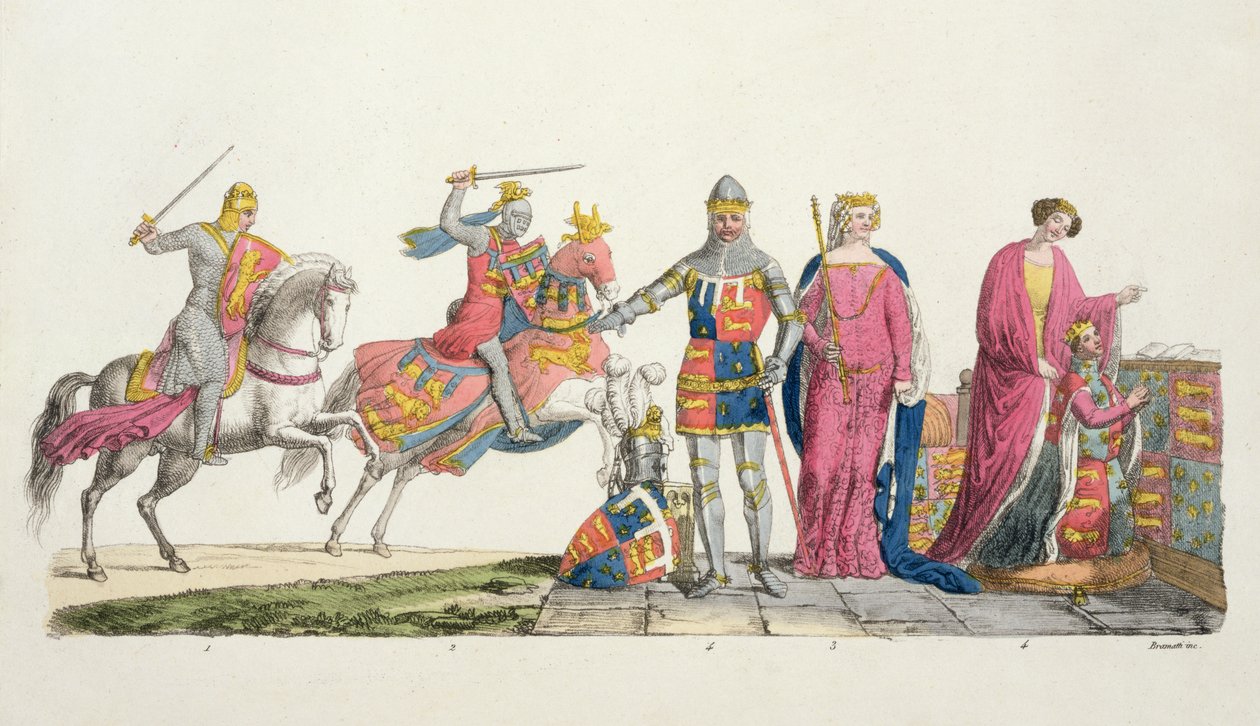 Richard Løvehjerte, John of Gaunt, Edward III, Joan Plantagenet og Philippa of Hainault, plade 9 fra The History of the Nations (akvatint) af Italian School
