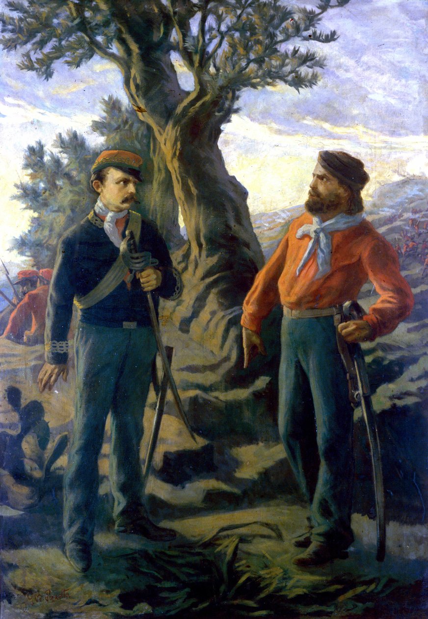 Risorgimento: Gerolamo Bixio kaldet Nino Bixio (1821-1873) og Giuseppe Garibaldi (1807-1882) ved slaget ved Calatafimi på Sicilien den 15/05/1860. Garibaldi proklamerer til Bixio, som foreslår, at han trækker sig: "" Hvad siger du Bixio? Her bygger vi Ital af Italian School