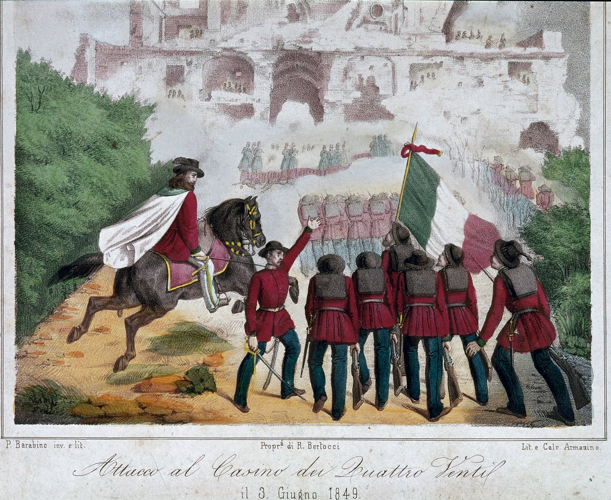 Risorgimento, Romersk Republik (Repubblica romana): soldaterne fra Giuseppe Garibaldis hær, til hest, forsøger at generobre villaen til Quattro Venti i Rom den 03/06/1849. Litografi Roms Nationalmuseum for Risorgimento af Italian School