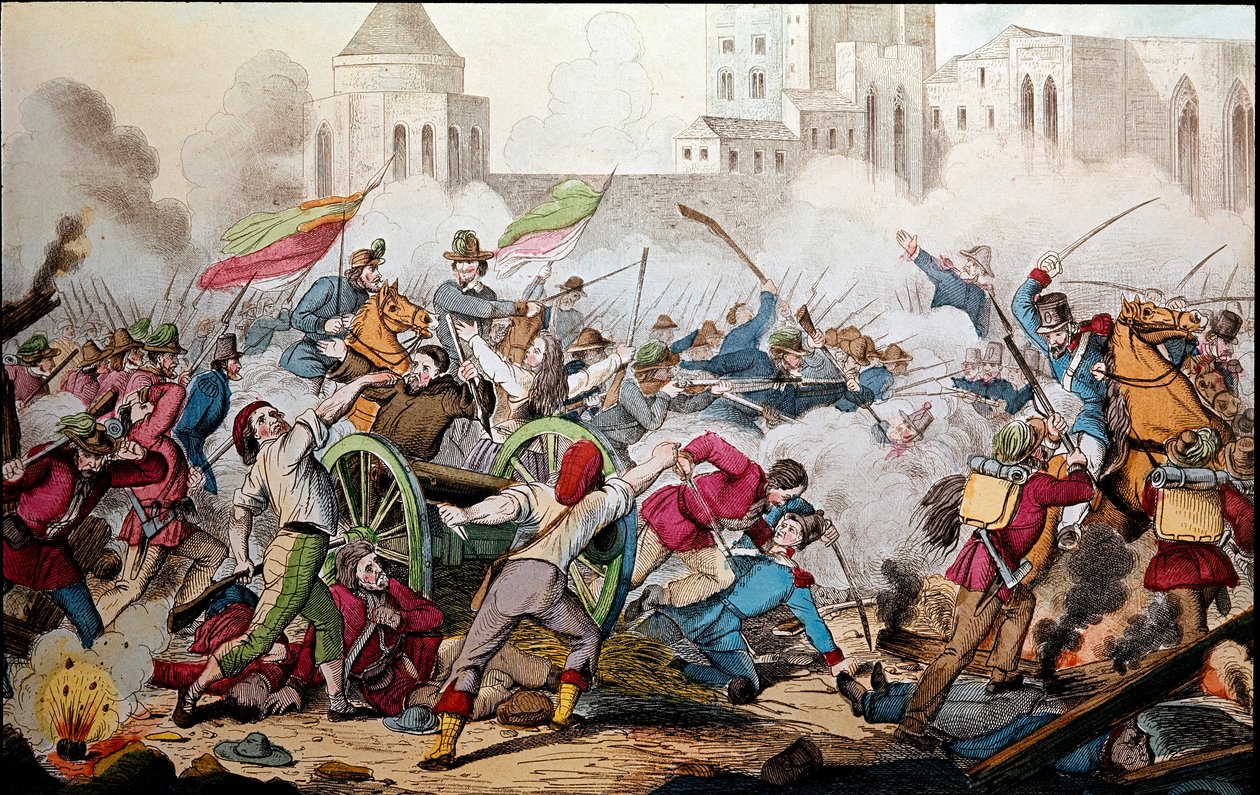 Risorgimento: Kampene i Palermo den 26. maj 1860. De tusindes ekspedition (røde skjorter). Giuseppe Garibaldi (1807-1882) mellem Palermo og folket i oprør sluttede sig til ham for at kæmpe mod soldaterne i Bourbon-kongeriget Napoli. Indgravering af det 19. af Italian School