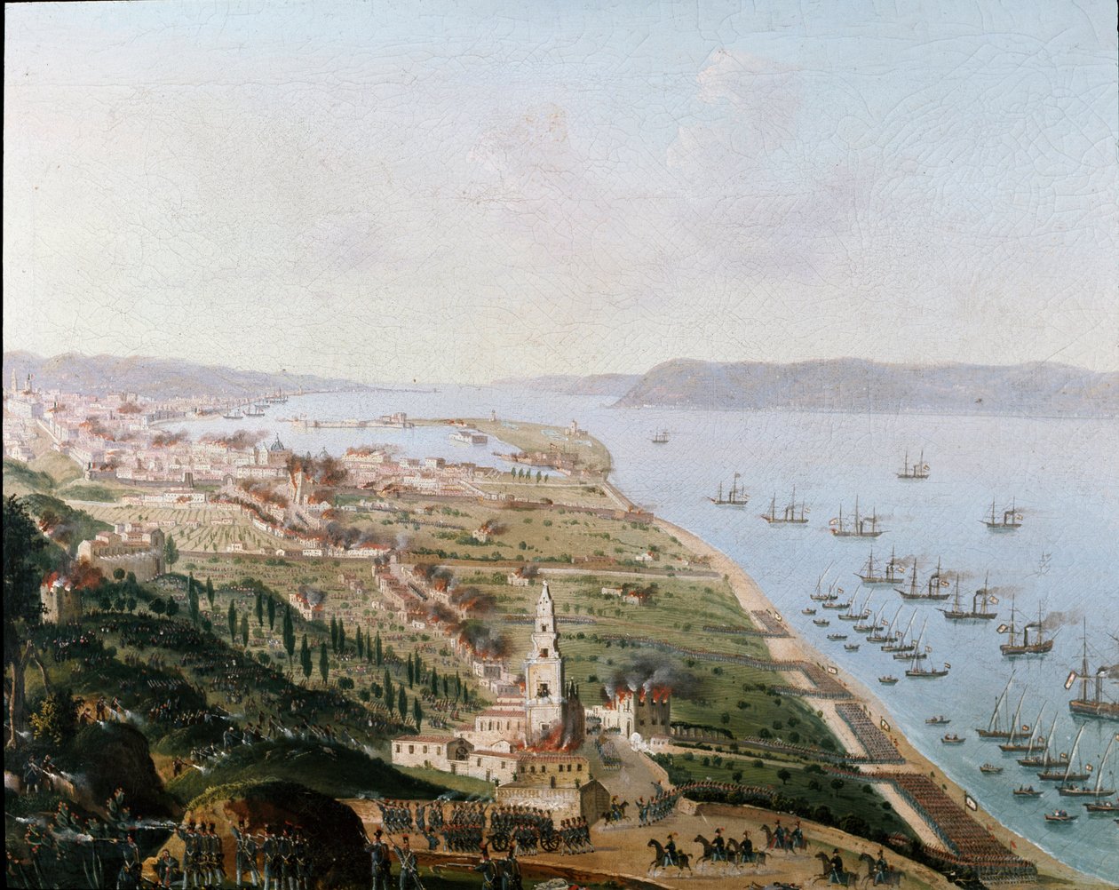 Risorgimento: Ferdinando II delle Due Sicilies (Ferdinand II af de to Siciliens) burboniske arméer i Messina (Sicilien) i august 1848 for at genvinde Sicilien efter opstandene. Anonymt maleri. Nationalmuseet i San Martino Napoli af Italian School
