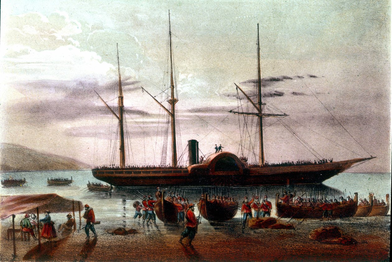 Risorgimento: afgang den 8/08/1860 af Giuseppe Missori, officer for hæren af Giuseppe Garibaldi (1807-1882), i detroit af Messina mod Fort af Villa San Giovanni. Illustration af det 19. århundrede af Italian School