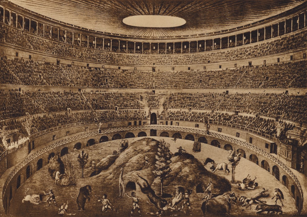 Roma / Rom: Interiør af Colosseum, Jagten på messerne, historisk rekonstruktion (litho) af Italian School
