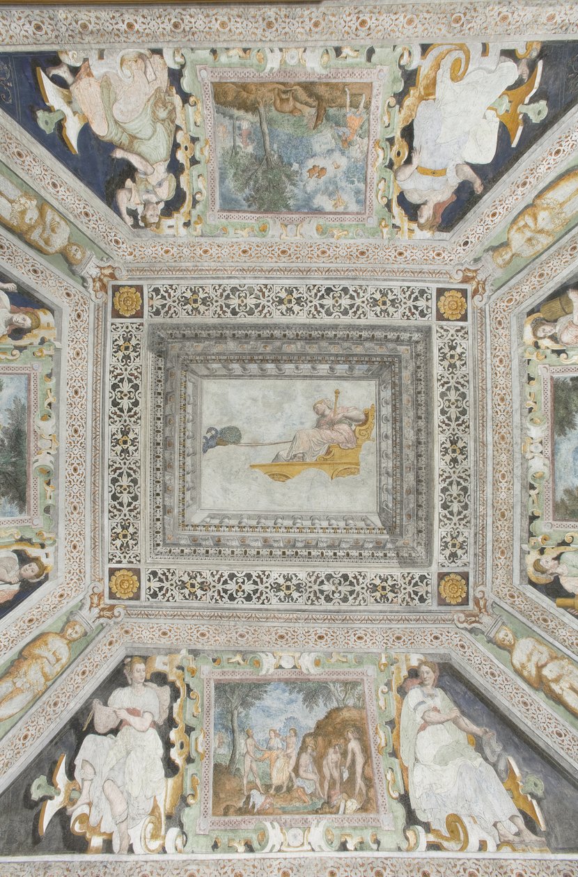 Room of Juno: Juno på en vogn trukket af to påfugle og ser sin mands forræderi af Italian School