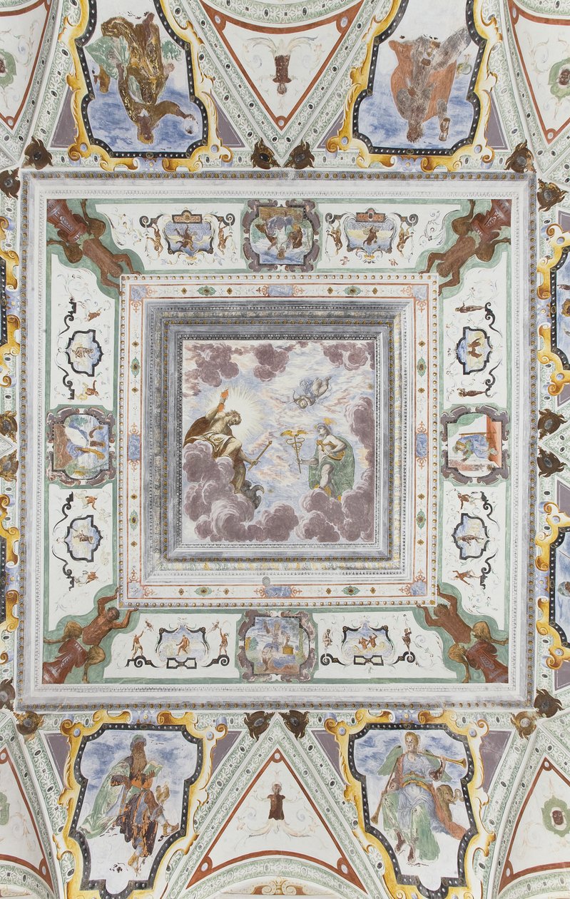 Jupiters og Merkurs rum: Jupiter, Merkur og Amor, omgivet af de fire årstider af Italian School