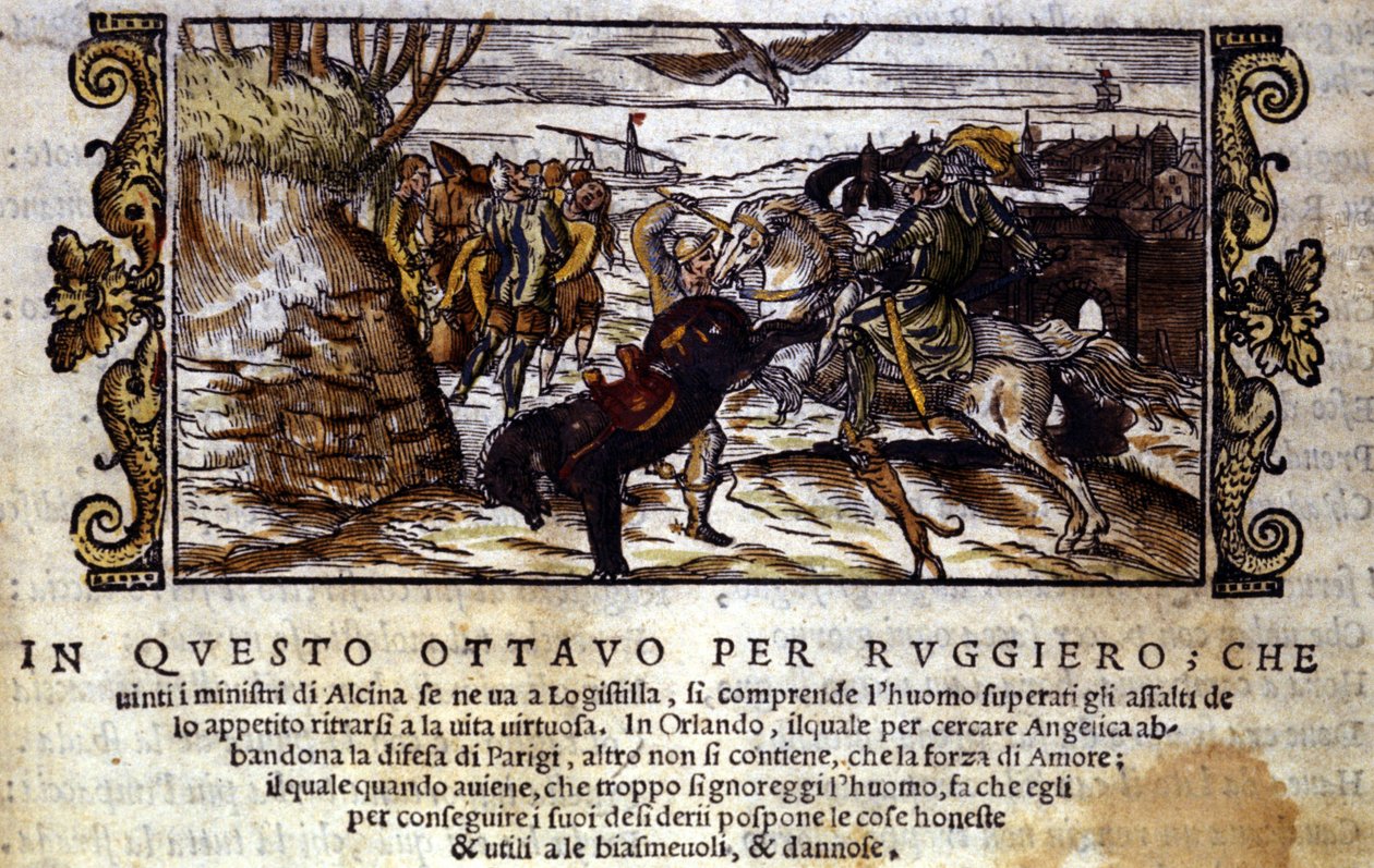 Det lykkes Ruggiero at flygte fra øen Alcina og redder senere Angelica fra orken - Scene af det ridderlige digt "Orlando Furioso" af Ludovico Ariosto af Italian School