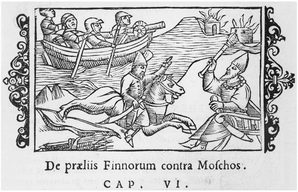 Russere og finner i kamp, ​​illustration fra History of the Northern Nations af Olaus Magnus (1490-1558), udgivet i Rom, 1555 af Italian School