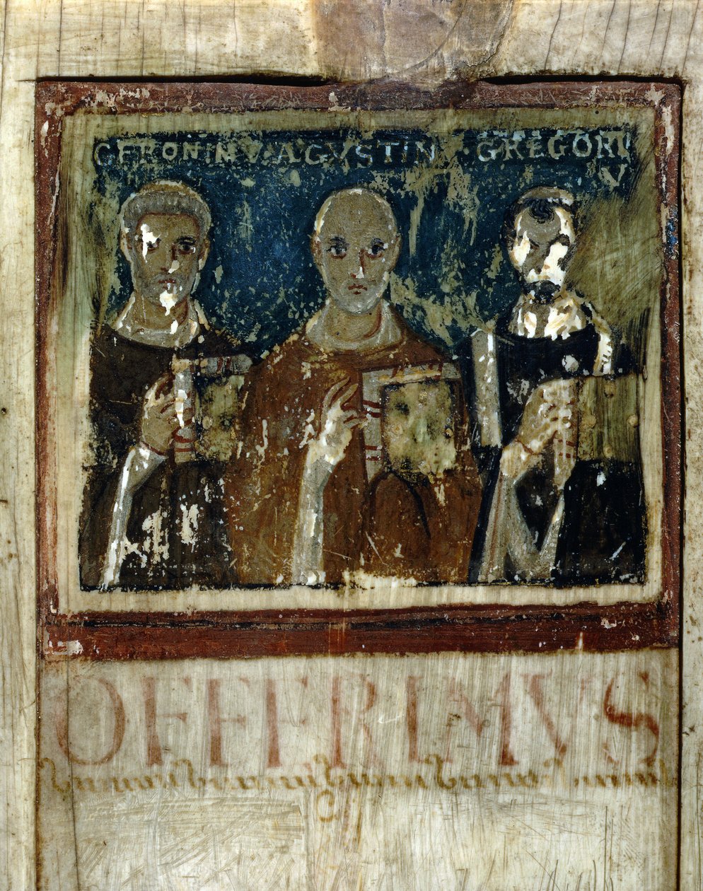 Sankt Hieronymus, Sankt Augustin (354-430) og Sankt Gregoire I den Store (540-604), Detalje fra Diptykonen i Boece, ca. 487 (miniature på elfenben) af Italian School