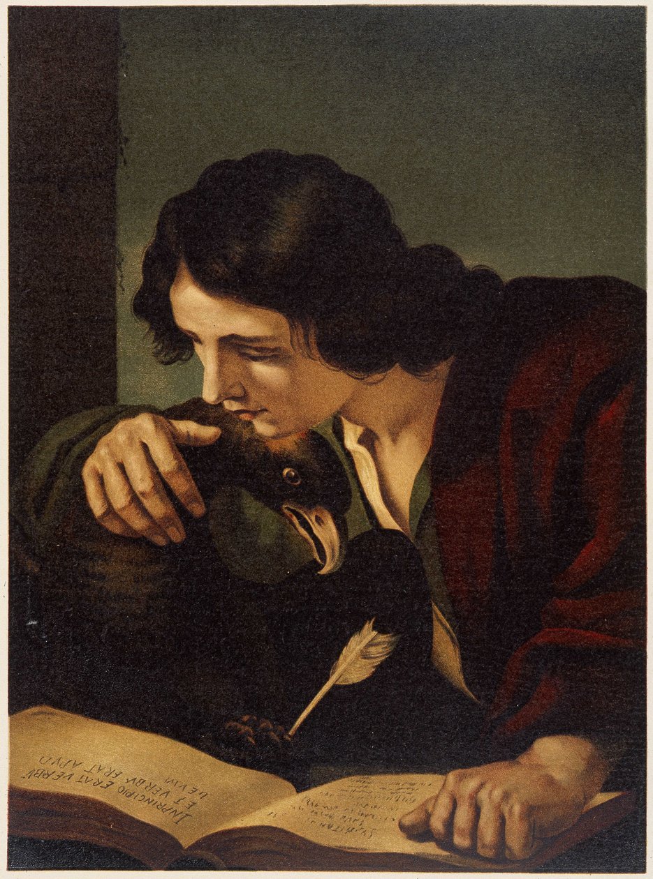 Sankt Johannes med ørnen i "Den gyldne klassiske bibel: historie om guddommelig åbenbaring i det gamle og i den nye stræben" "af Giovanni Ladislao Sykora (bd. 2), oversat af Don Clemente Benetti. (italiensk bibel) af Italian School