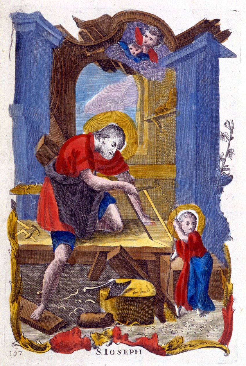 Saint Joseph som tømrer og Jesus, italiensk image af Italian School