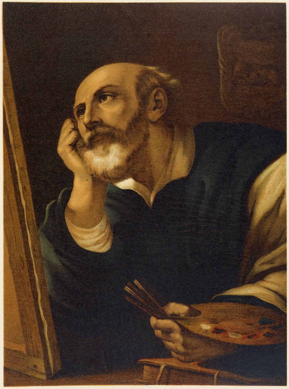 Sankt Lukas, der maler i "Den gyldne klassiske bibel: historie om guddommelig åbenbaring i det gamle og i den nye stræben" "af Giovanni Ladislao Sykora (bd. 2), oversat af Don Clemente Benetti. (italiensk bibel) af Italian School