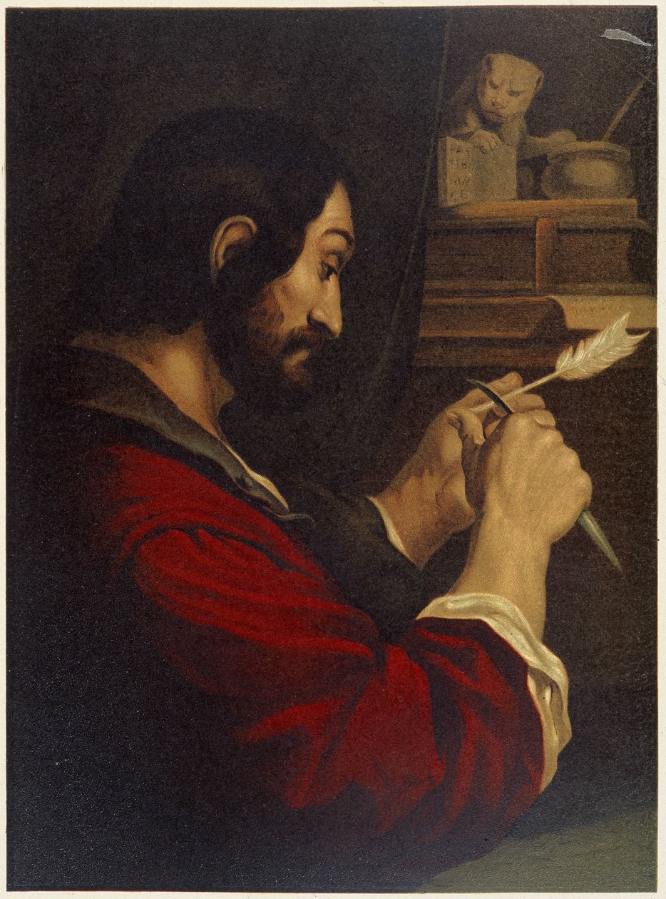 Sankt Markus udskærer en pen - i "Gylden klassisk bibel: historie om guddommelig åbenbaring i det gamle og i den nye stræben" "af Giovanni Ladislao Sykora (bd. 2), oversat af Don Clemente Benetti. (italiensk bibel) af Italian School