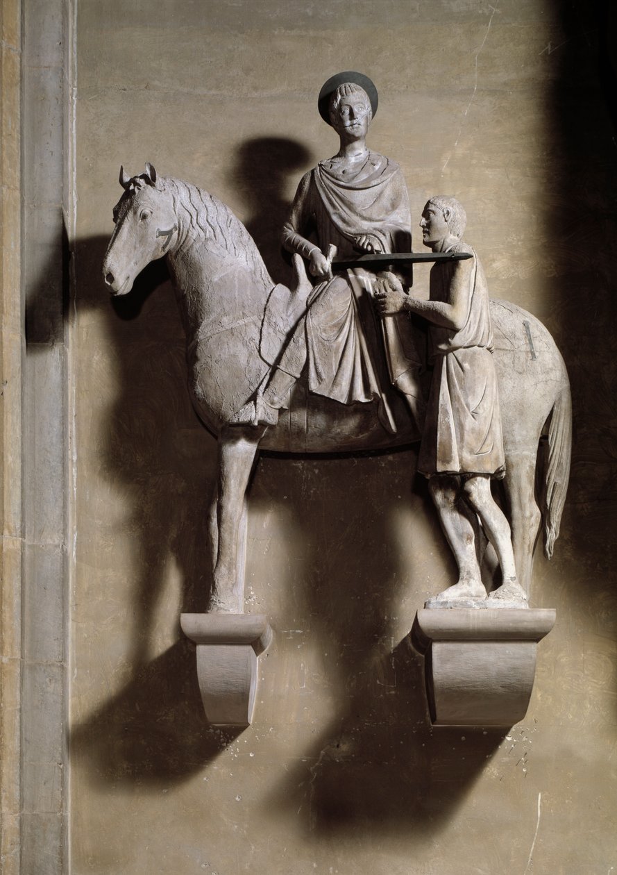 Sankt Martin en hest, der deler sin frakke med en tigger. Skulptur af Italian School