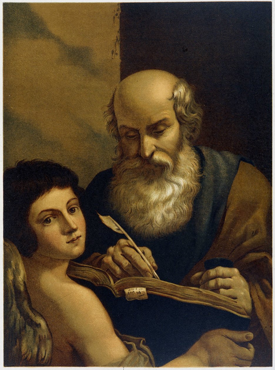 Saint Mathieu Writing and an Angel - i "Classic Golden Bible: History of Divine Revelation in the Ancient and New Tension" ”af Giovanni Ladislao Sykora (bind 2), oversat af Don Clemente Benetti. (italiensk bibel) af Italian School
