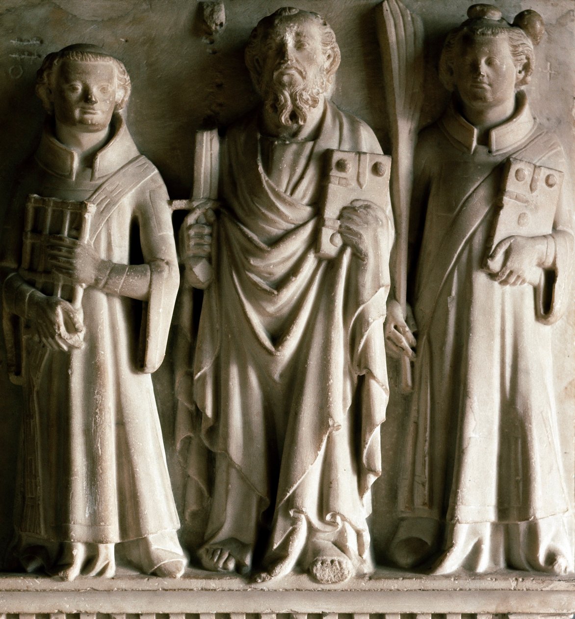 Saint Paul, Saint Laurent og Saint Etienne Bas relief fra skolen i Campione. Fra Castelseprio i Italien. 14. århundrede Milano, museo d