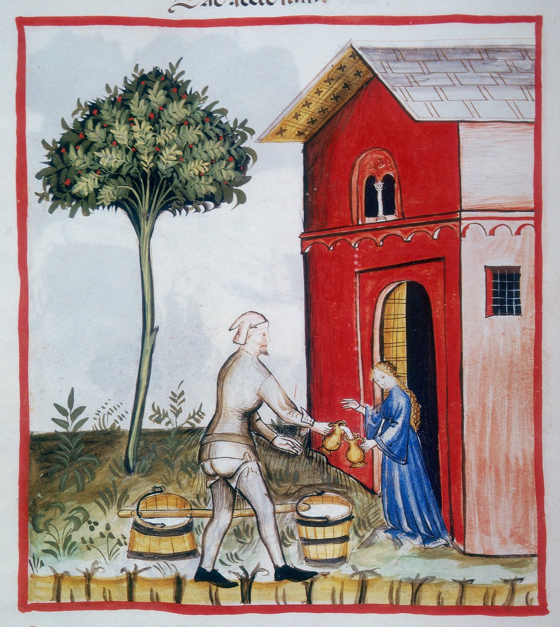 Salg af surmælk (c.59v), Tacuinum Sanitatis, Codex Vindobonensis Series Nova 2644 af Italian School