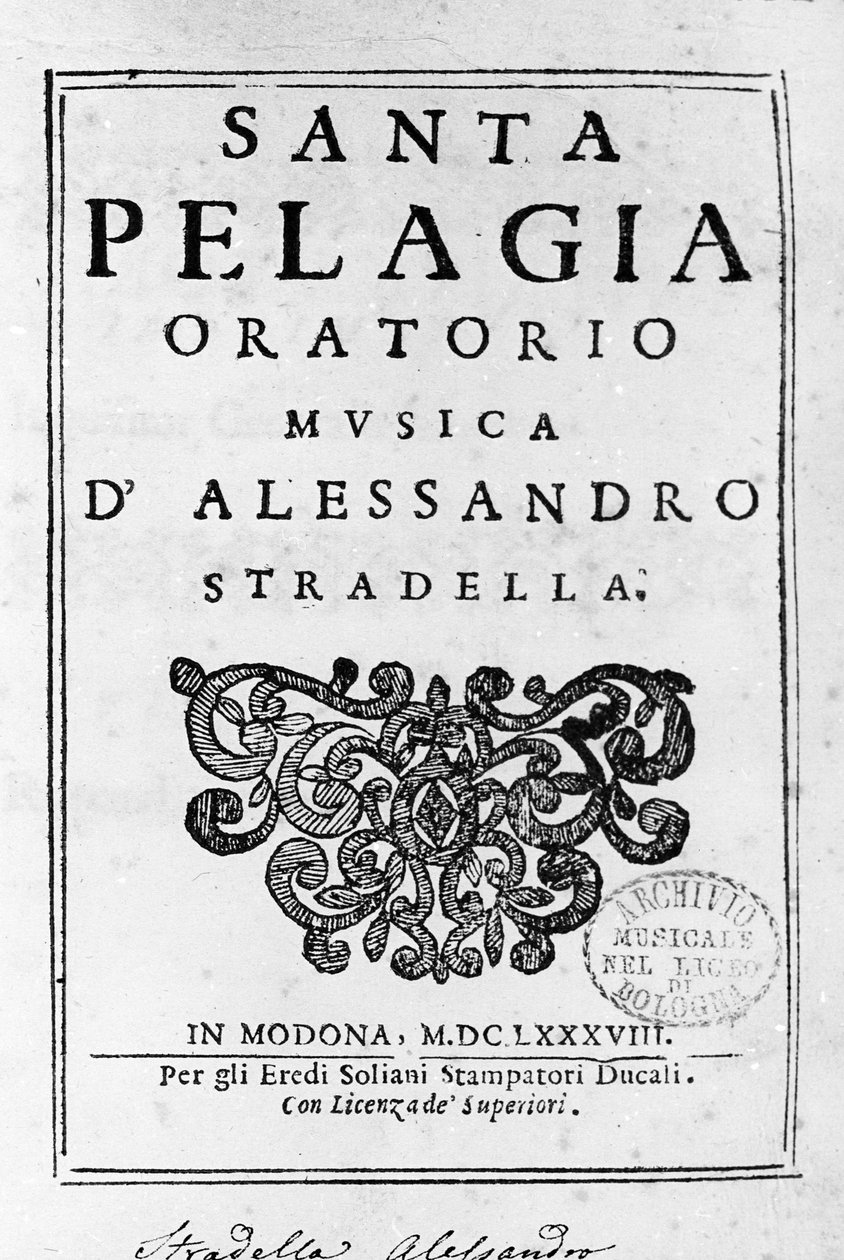 Santa Pelagia, frontispice af partituret til oratoriet af Alessandro Stradella (1644 - 1682) italiensk komponist. Modena 1688. af Italian School