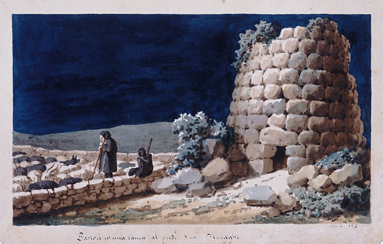 Sardinske hyrder nær en nuraghe, tryk ms. 257, Cominotti Samling, c.1825 af Italian School