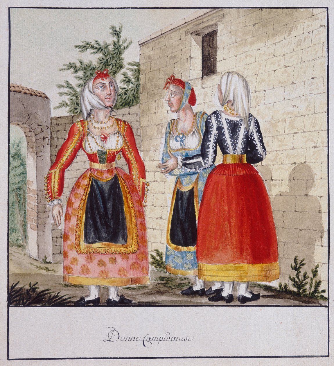 Sardinske kvinder i kostumer fra Campidano, trykt ms.258, Luzzetti Collection af Italian School