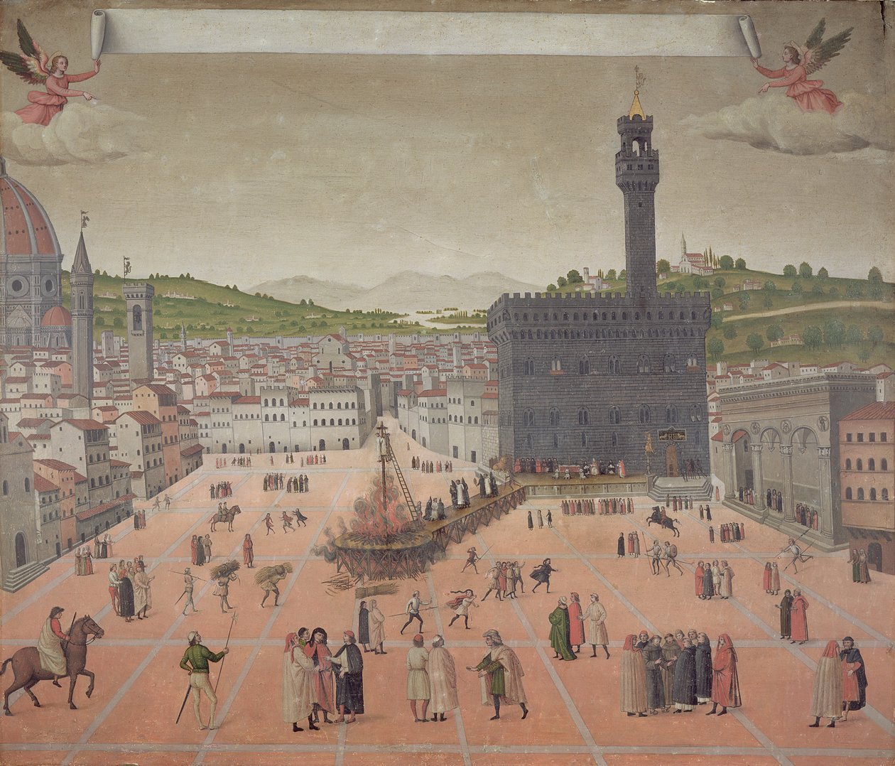 Savonarola bliver brændt på bålet, Piazza della Signoria, Firenze (olie på panel) af Italian School