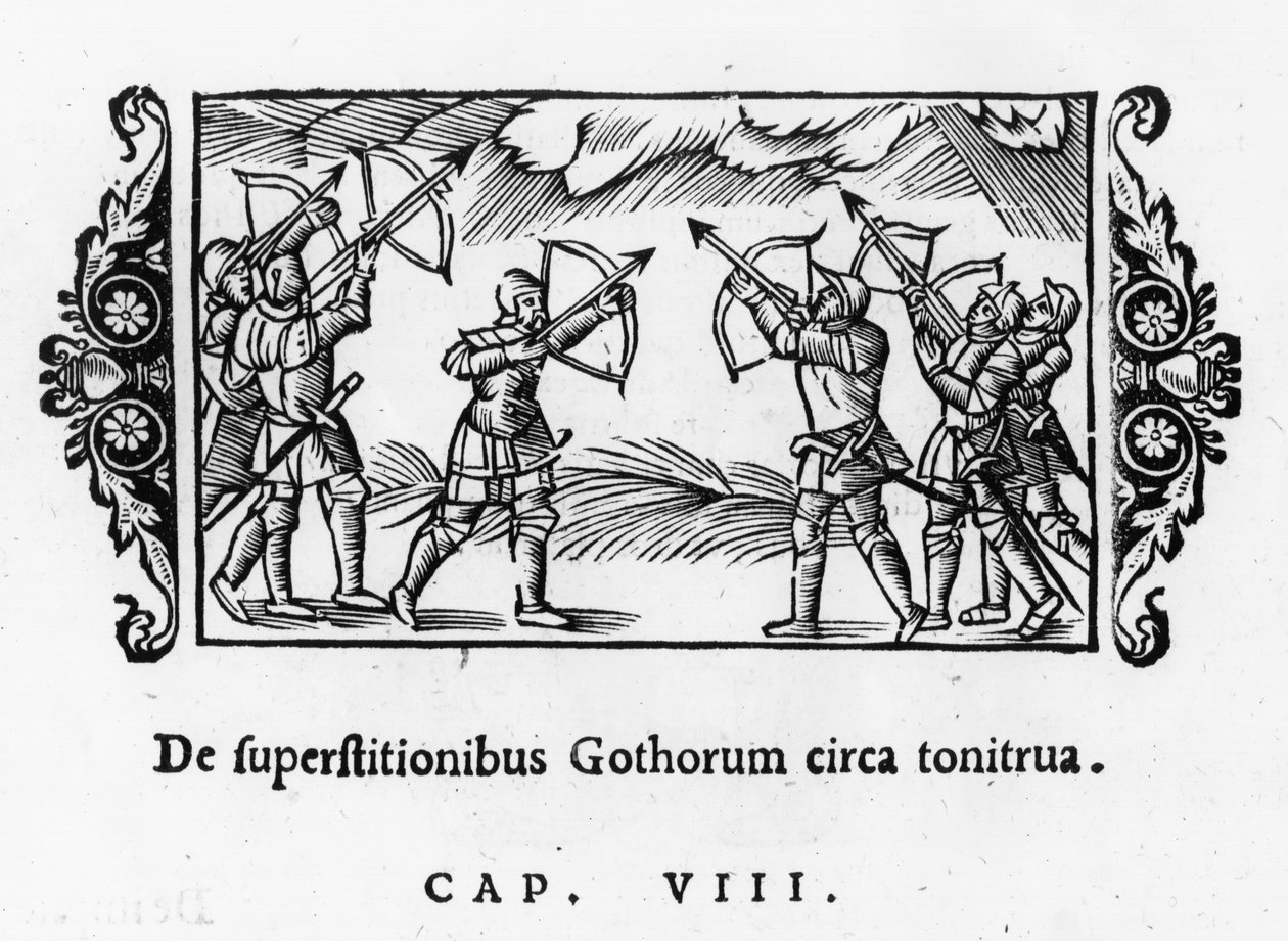 Skandinaver, der bruger deres pile til at afværge torden, fra Historia de Gentibus Septentrionalibus af Olaus Magnus (1490-1557) udgivet i Rom, 1555 af Italian School