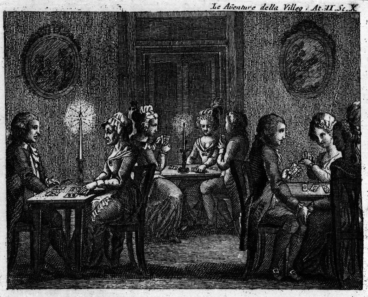 Scene 10 i akt II af tegneserien "" The avventure della villeggiatura"" (Byens eventyr) (1756) af Carlo Goldoni (1707-1793): spilleborde. Stik af det 18. århundrede af Italian School