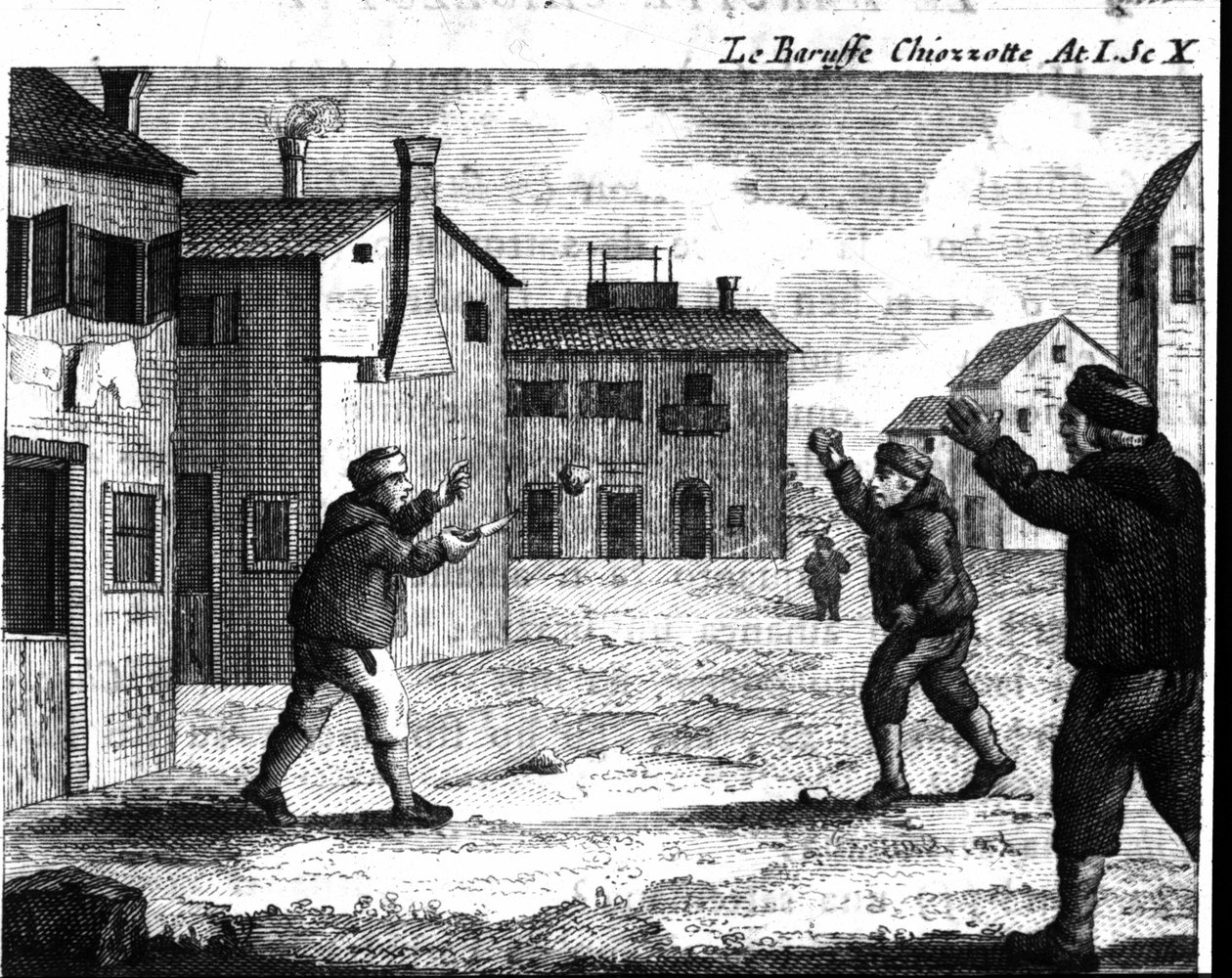 Scene 10 i 1. akt af tegneserien "" Le baruffe chiozzotte"" (Baroufe a Chioggia) (1762) af Carlo Goldoni (1707-1793). Stik af det 18. århundrede af Italian School