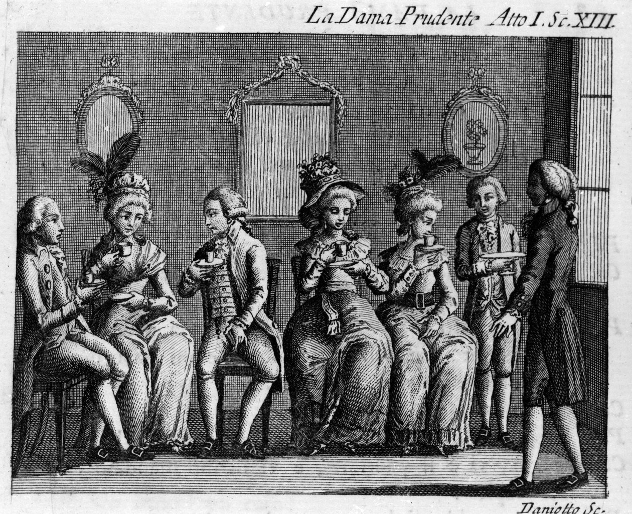 Scene 13 i 1. akt af tegneserien "" La dama prudente"" (Den forsigtige hustru) (1751) af Carlo Goldoni (1707-1793). Stik af det 18. århundrede af Italian School
