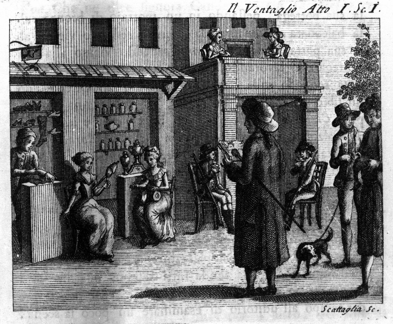 Scene 1 i 1. akt af tegneserien "" Il ventaglio"" (The eventel) (1764) af Carlo Goldoni (1707-1793). Indgravering af det 18. århundrede af Italian School