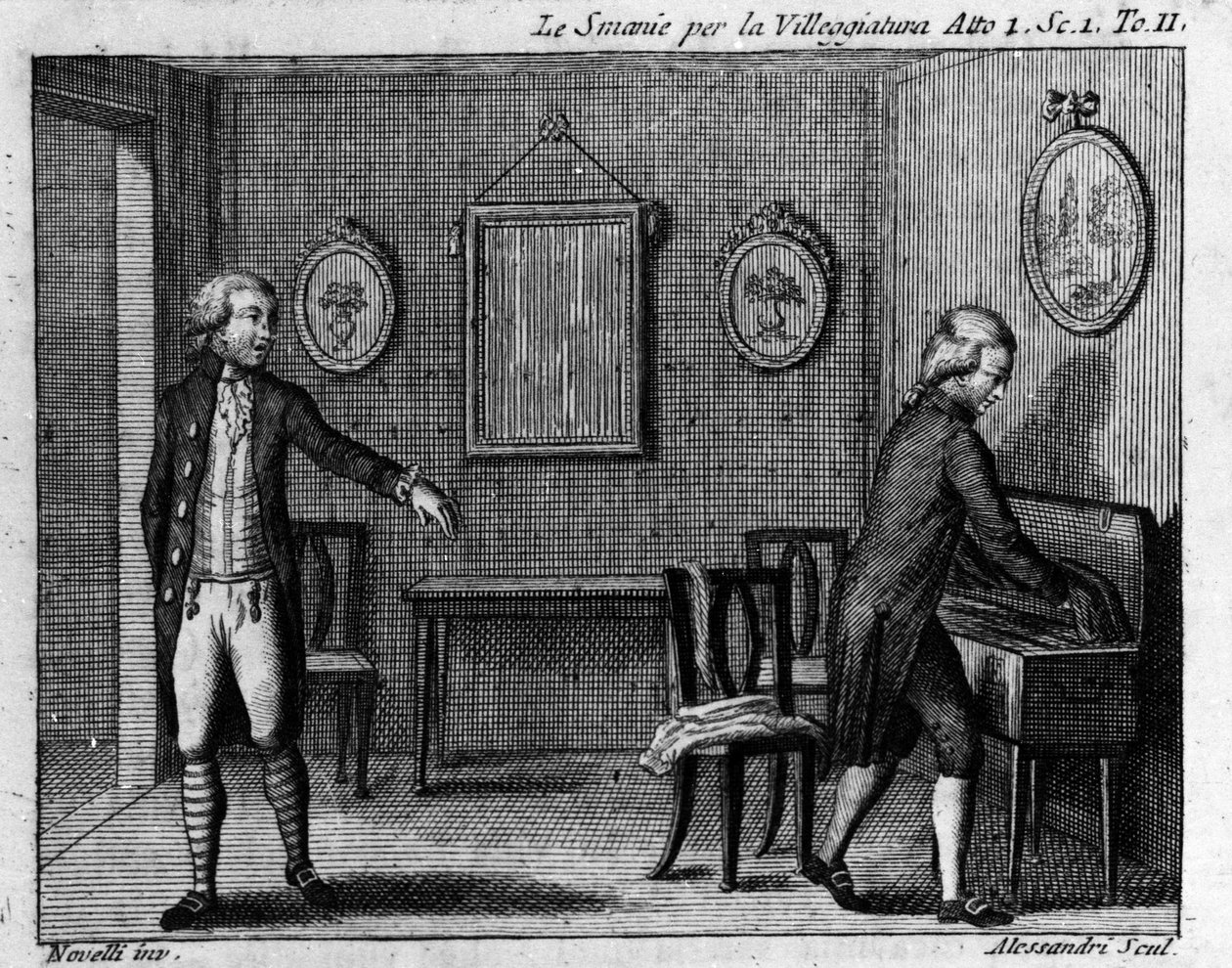 Scene 1 i 1. akt af tegneserien "" Le smanie per la villeggiatura"" (La ville) (1761) af Carlo Goldoni (1707-1793). Indgravering af det 18. århundrede. af Italian School